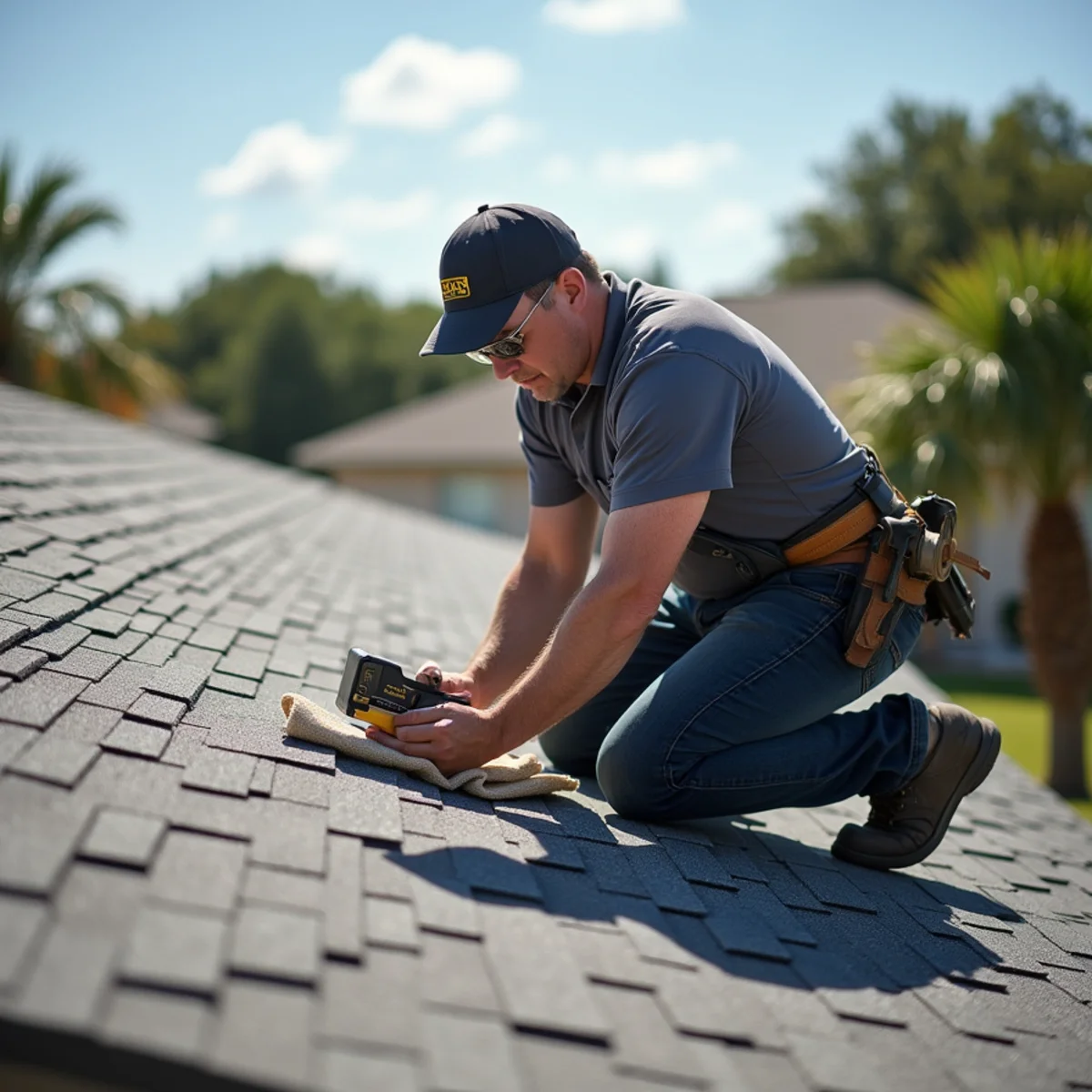 Roofer examining flashing and ridge vent on a Port Malabar residential roof