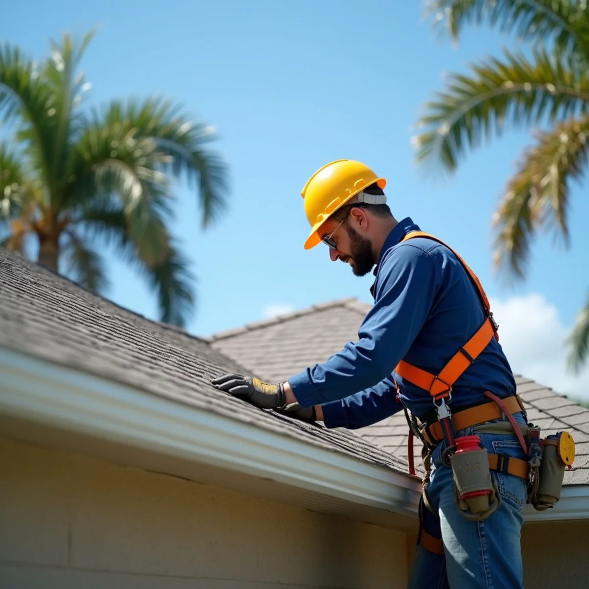 Professional Florida roofing specialist inspecting roof shingles in Palm Bay FL